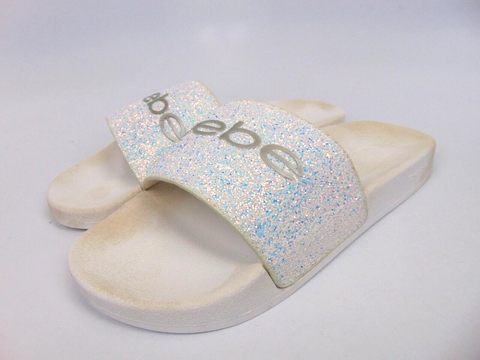 Bebe Women's Fraida Glitter Slide Fashion Sandals Flats Size 8.0 M, White Glitte