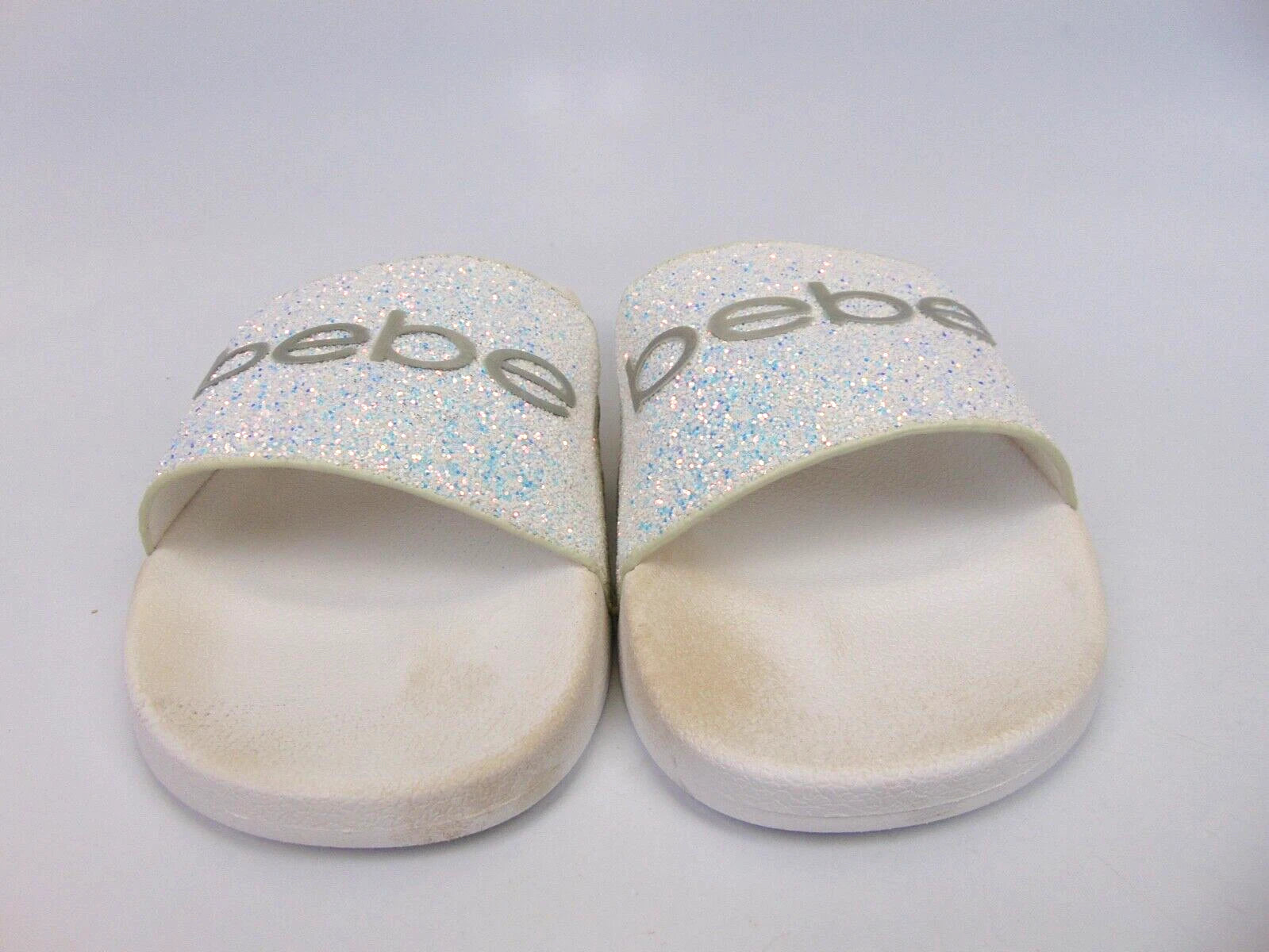 Bebe Women's Fraida Glitter Slide Fashion Sandals Flats Size 8.0 M, White Glitte