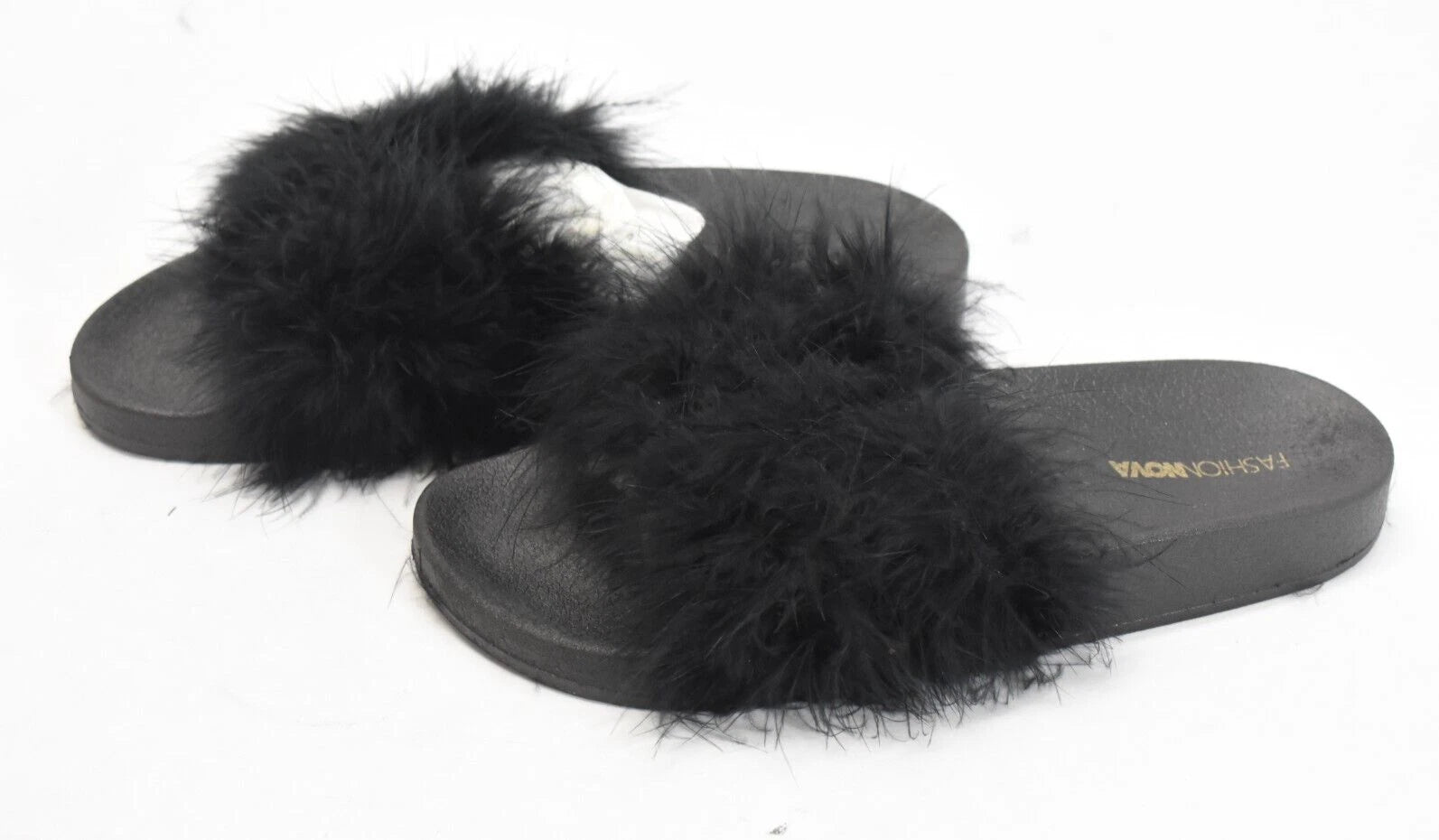Fashion Nova Moira Black Feather Boa Slides Sandals Slippers Open Toe Size 8