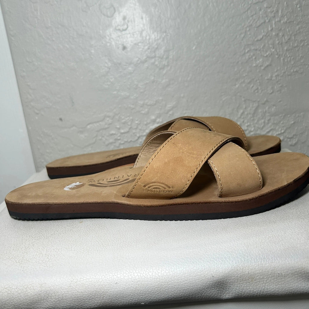 Rainbow Leather Top Sole Single Layer Arch Cross Strap Flat Stitch Slide Size 10