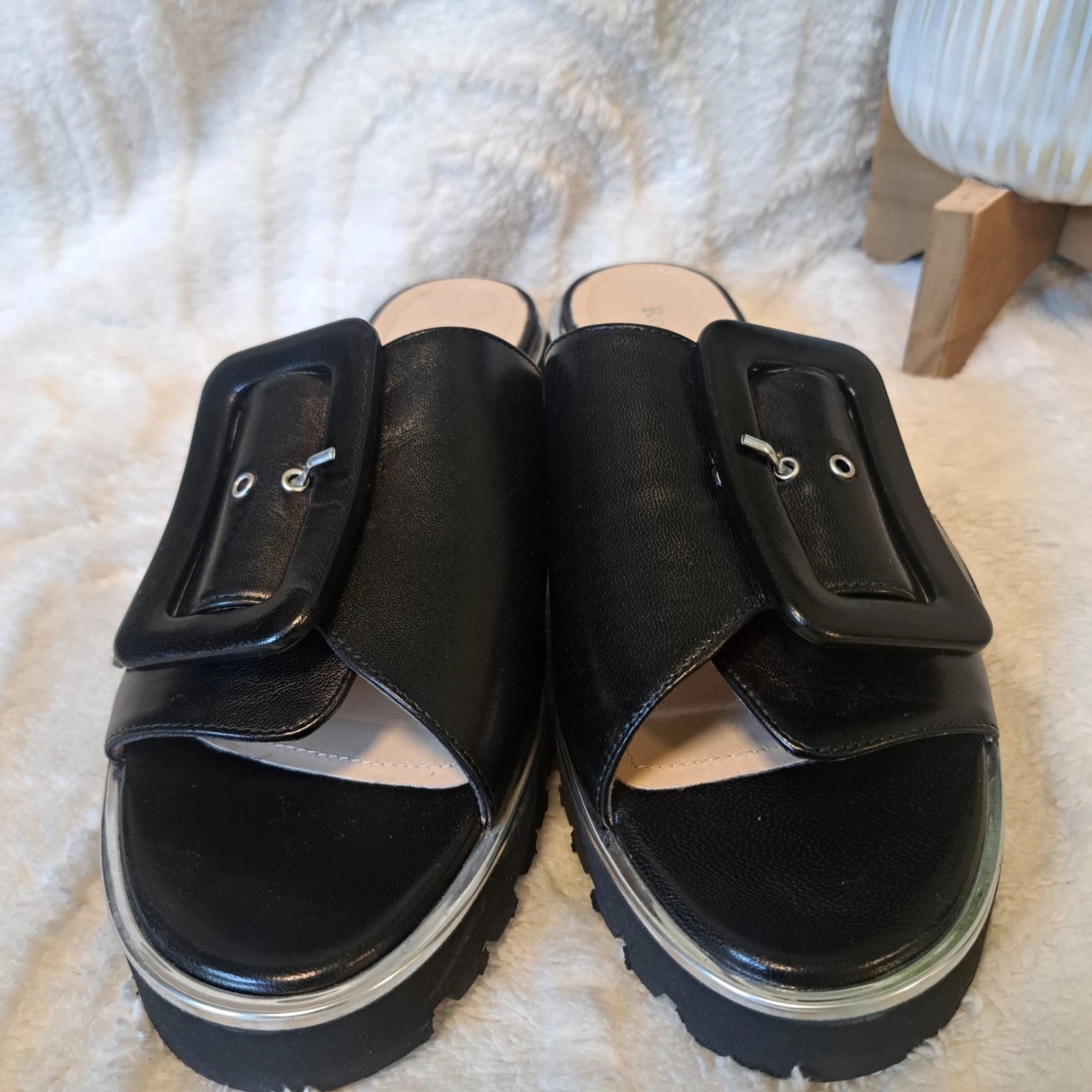Ron White Candra Slide Sandals Black Leather Italy Sz 9 US 39.5 NEW $445