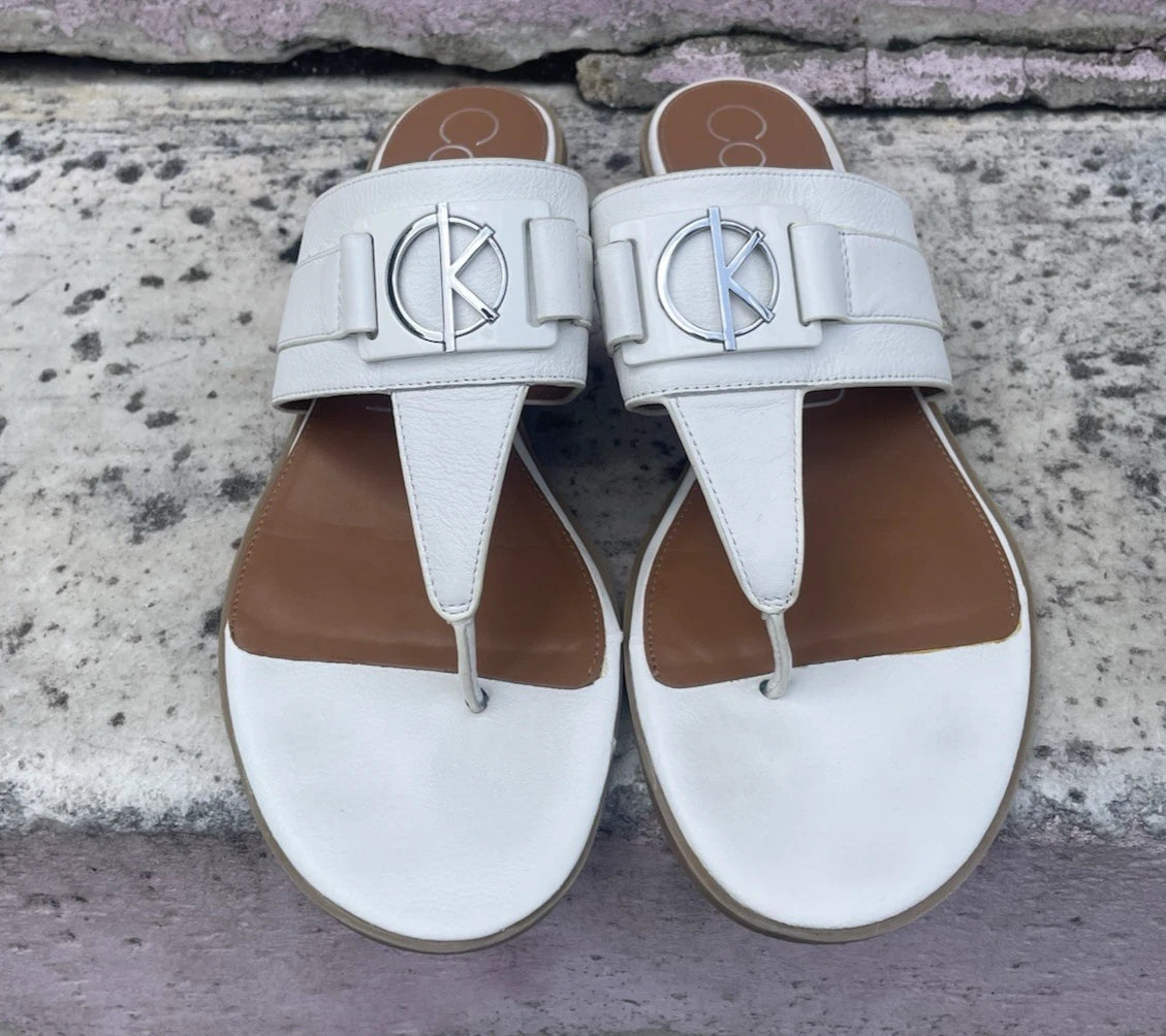 Calvin Klein Farley White/Silver Leather Sandals Women’s Size 11 – Chic Style