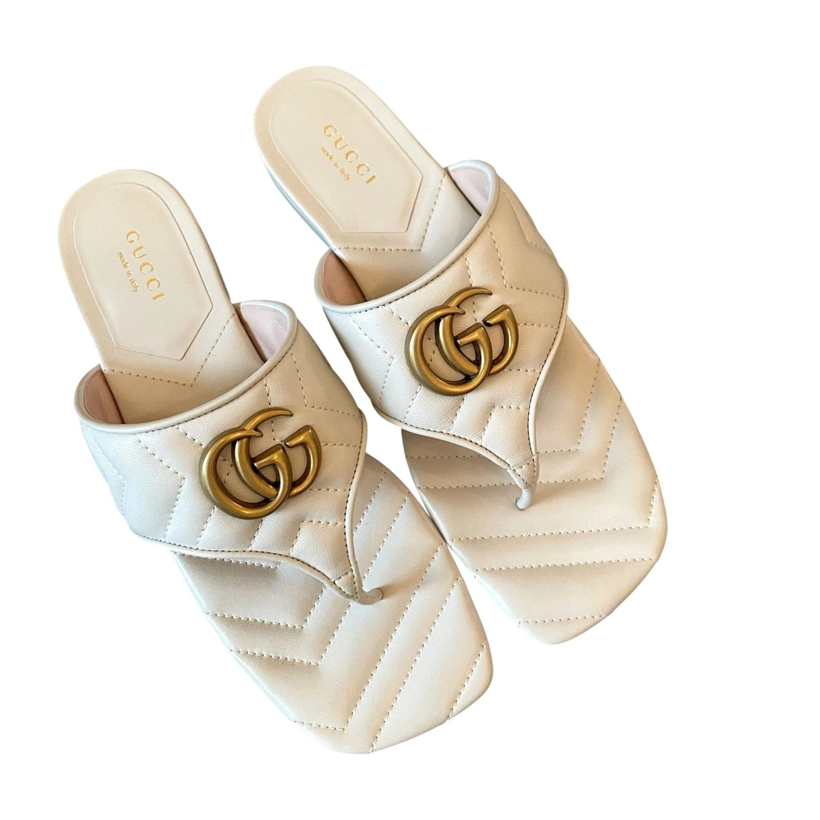 Gucci GG Marmont Matelasse Leather Flip Flop Sandals Cream White Sz 37.5 US 7.5