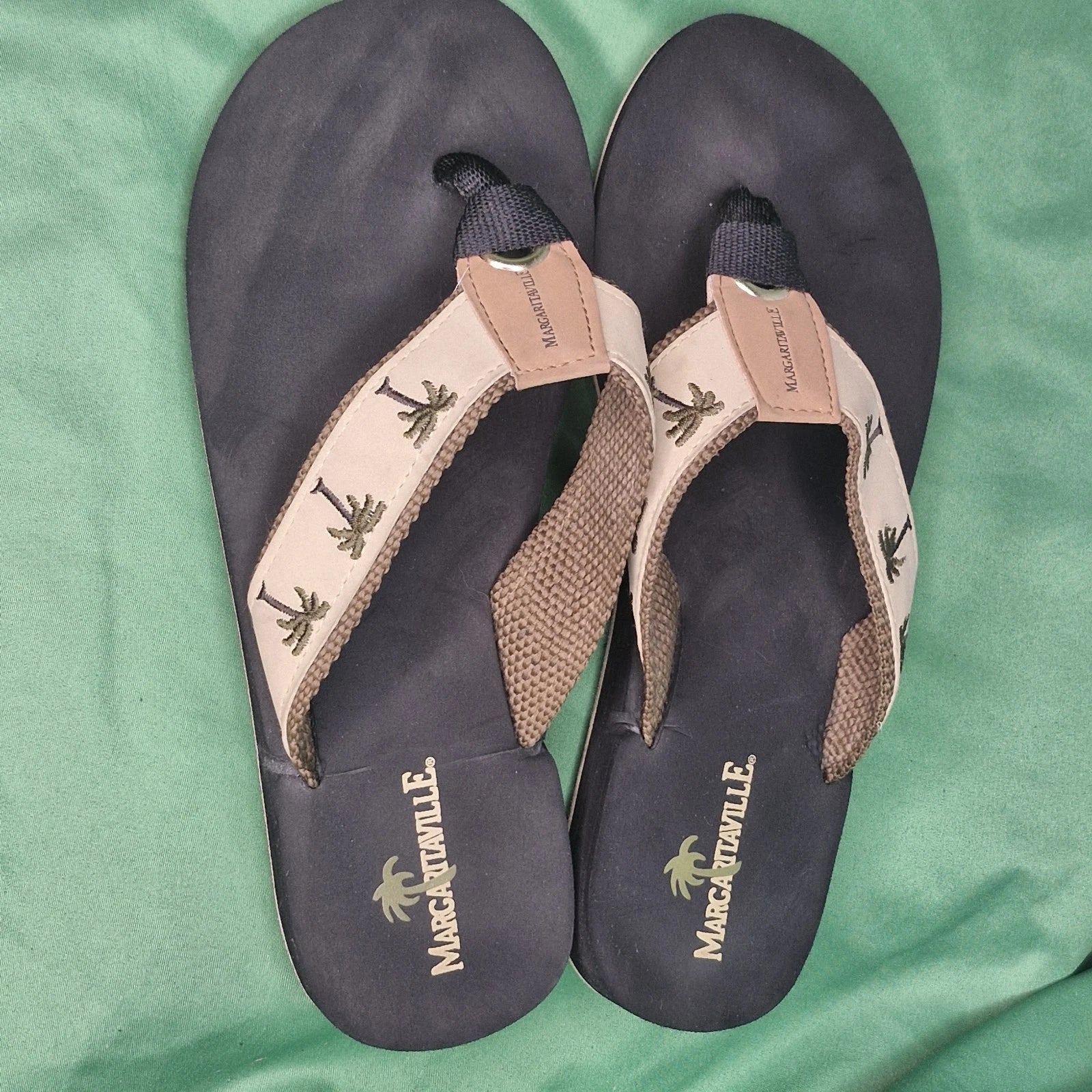 Lot 2 Margaritaville Flip Flops Breezy Wedge Style Tan & Green Palm Trees Size 8