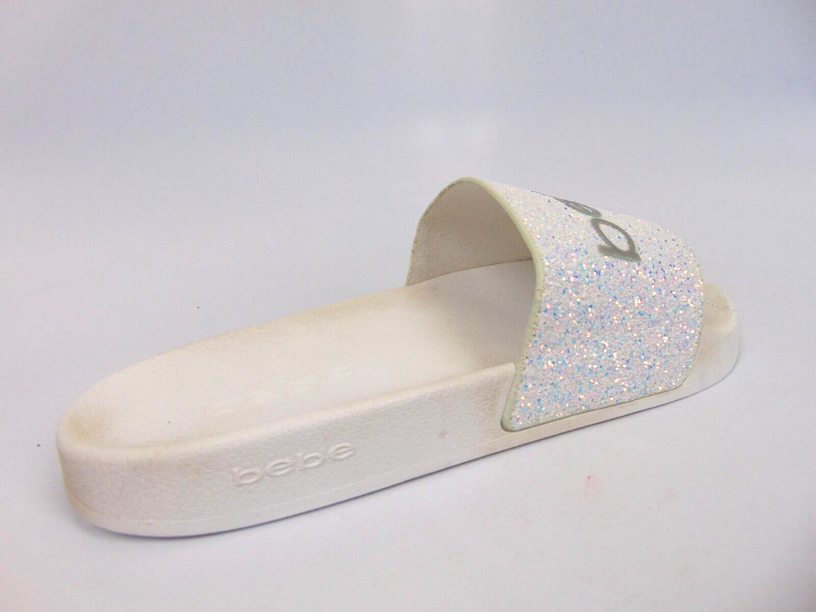 Bebe Women's Fraida Glitter Slide Fashion Sandals Flats Size 8.0 M, White Glitte