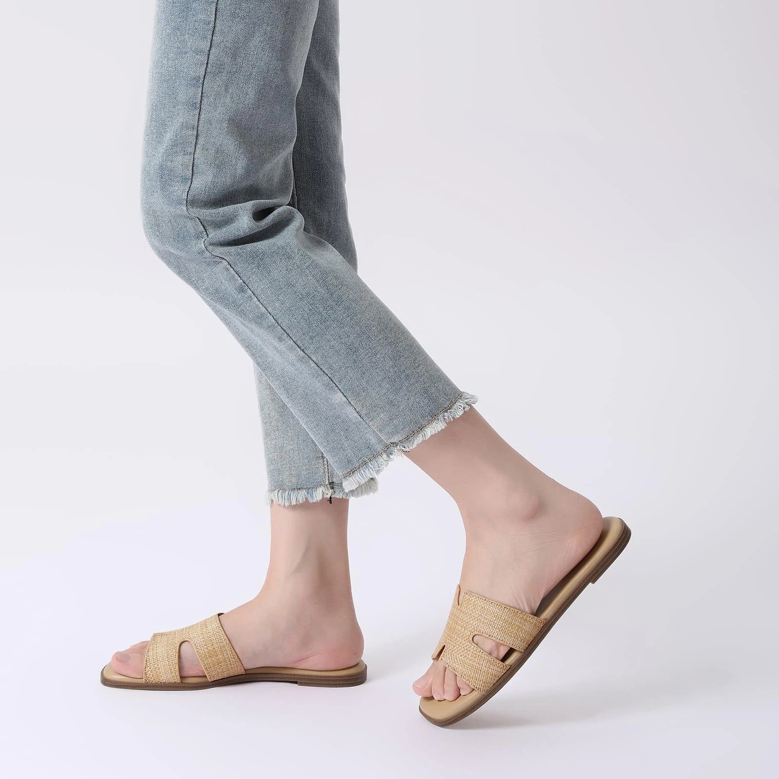 Women's Comfortable Leather Slide Sandals, Dressy Flat Raffia Slip-On