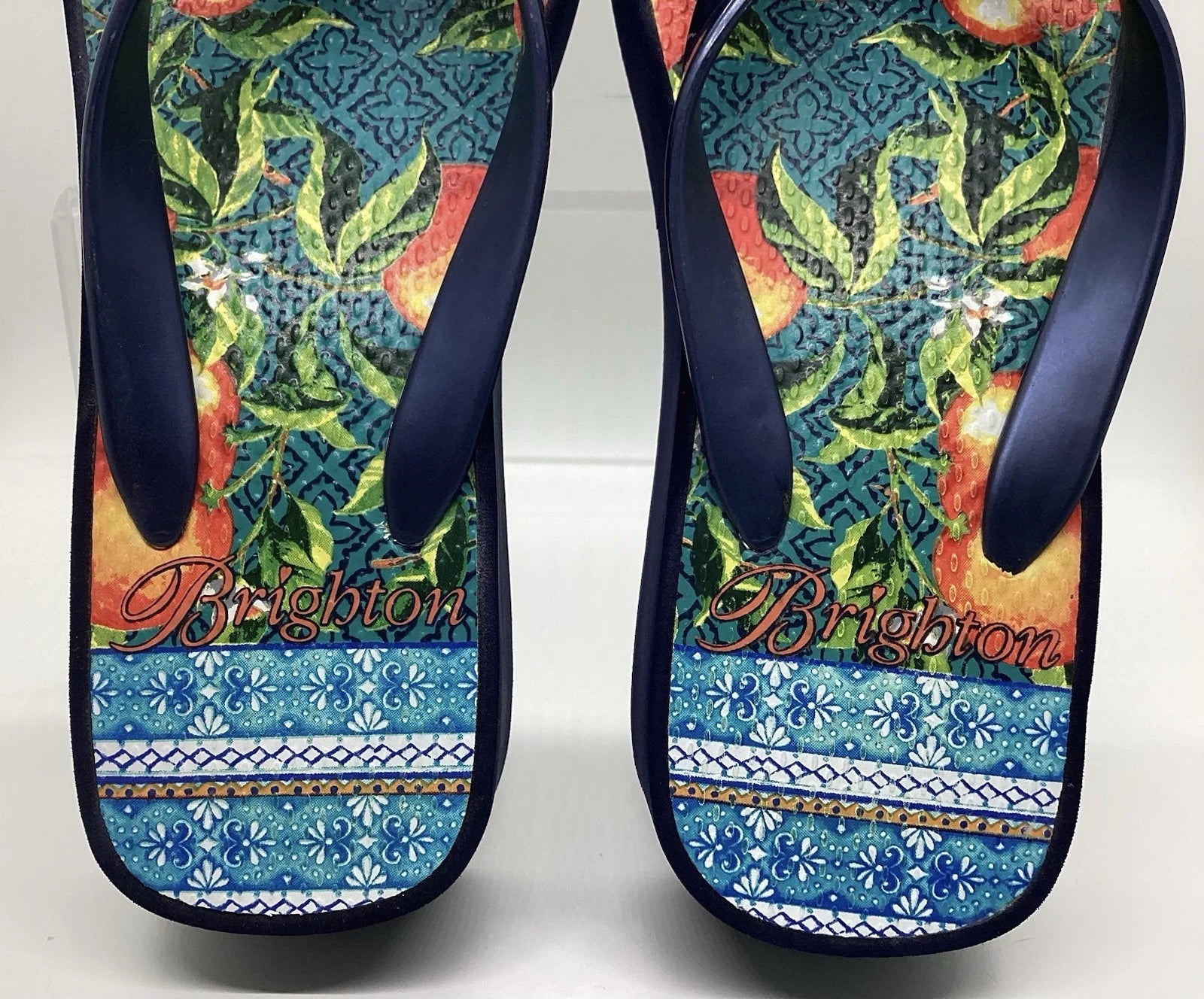 Brighton Orange Blossom Navy Wedge Flip Flops Sz 6 Silver Gem Mediterranean