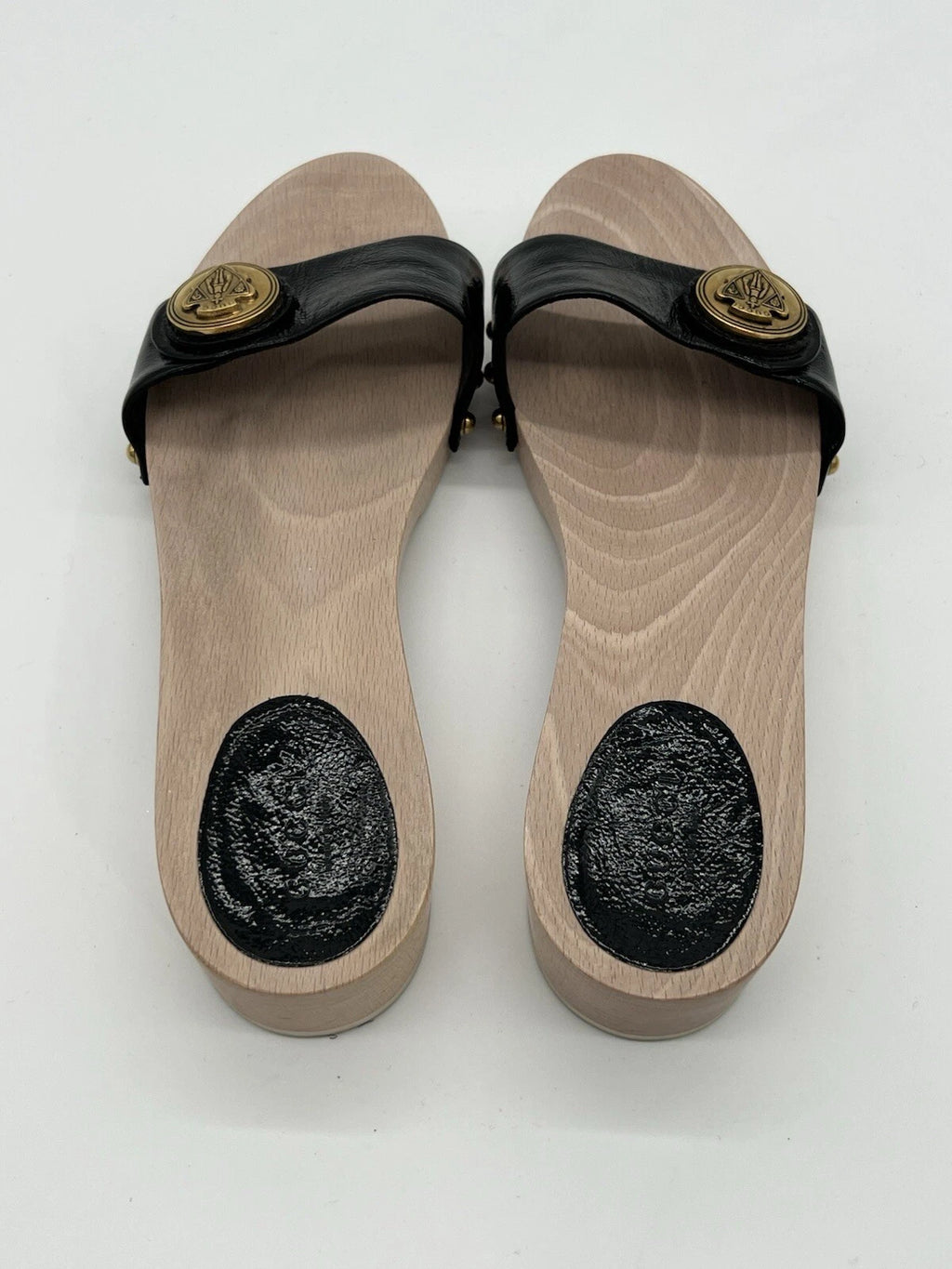 Gucci Hysteria Women Sz 8B Black Patent Leather Slide Wood Soles Fashion Sandals