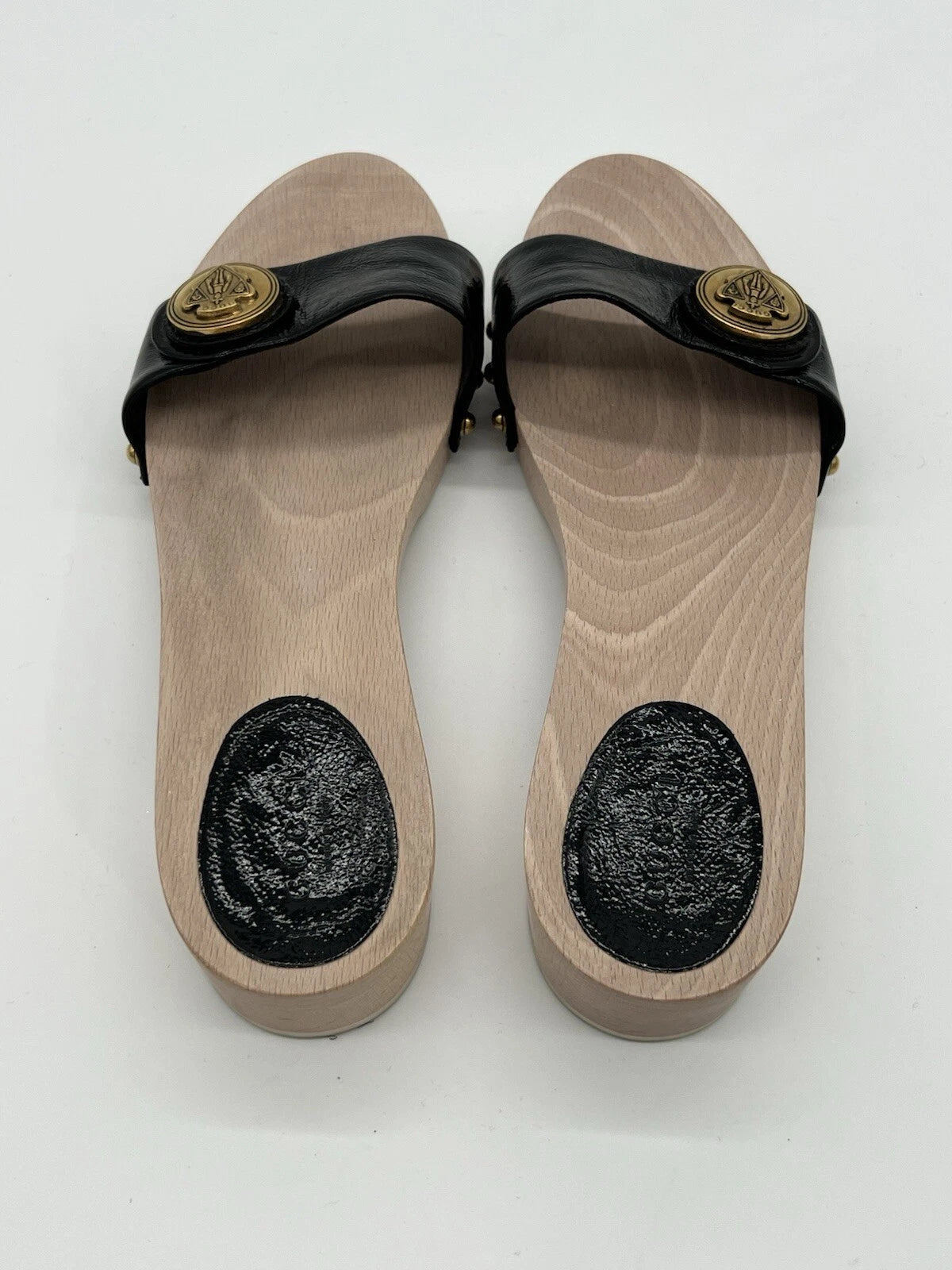 Gucci Hysteria Women Sz 8B Black Patent Leather Slide Wood Soles Fashion Sandals