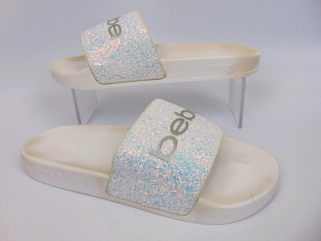 Bebe Women's Fraida Glitter Slide Fashion Sandals Flats Size 8.0 M, White Glitte