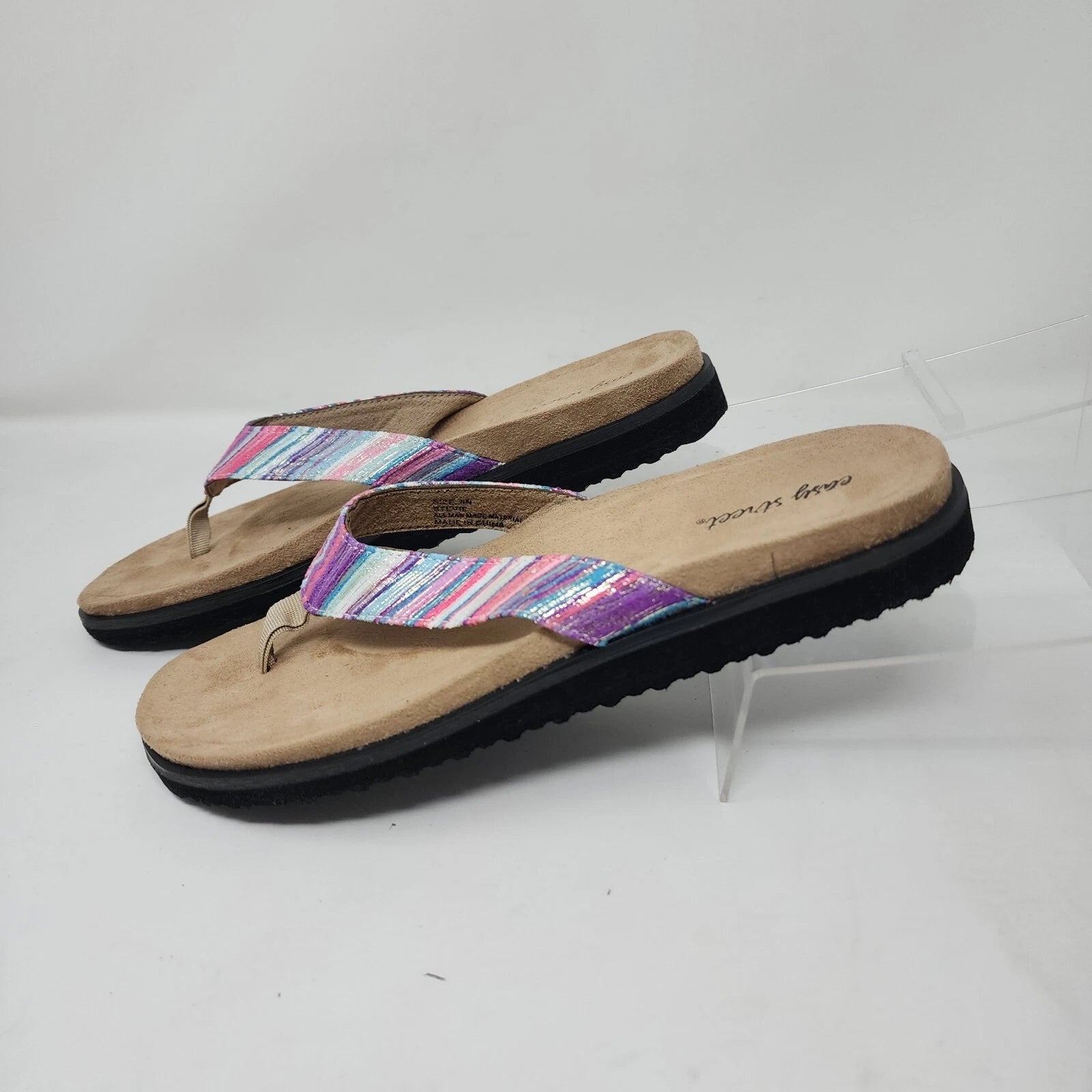 Easy Street Sandals Womens 8 Purple Stripe Slides Comfort Fashion Shoes