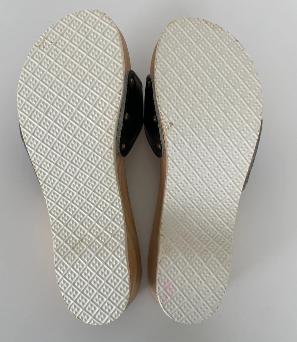 Dr. Scholl's The Original Wooden Sandals Slides Black Leather Size 6 Italy New