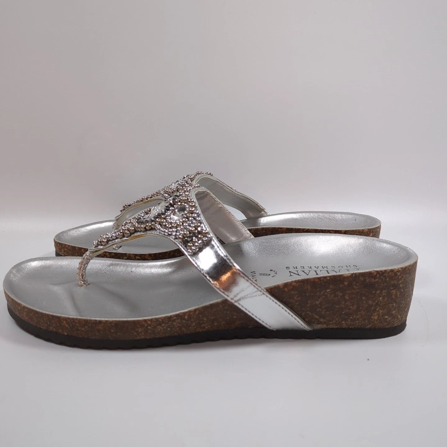 Italian Shoemakers Silver Sandals Slide Flip Flop with Rhinestones Sz 6 Bling