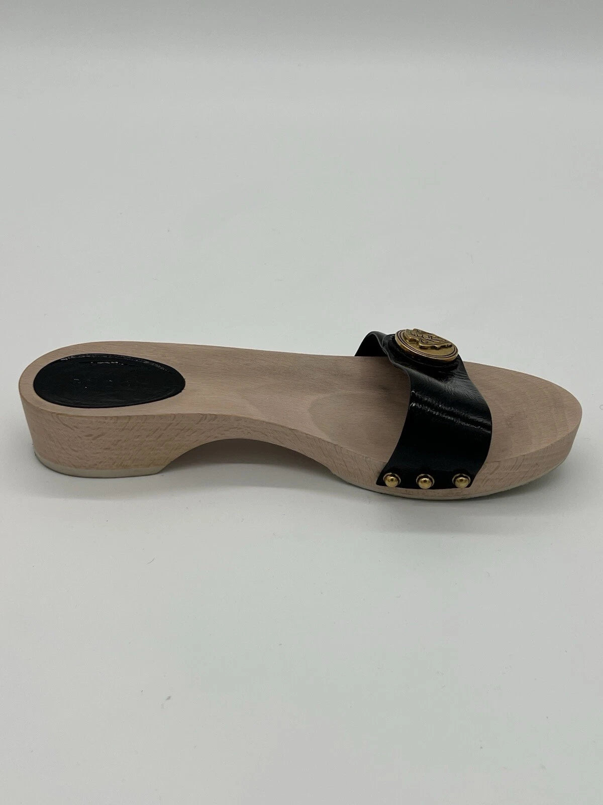 Gucci Hysteria Women Sz 8B Black Patent Leather Slide Wood Soles Fashion Sandals