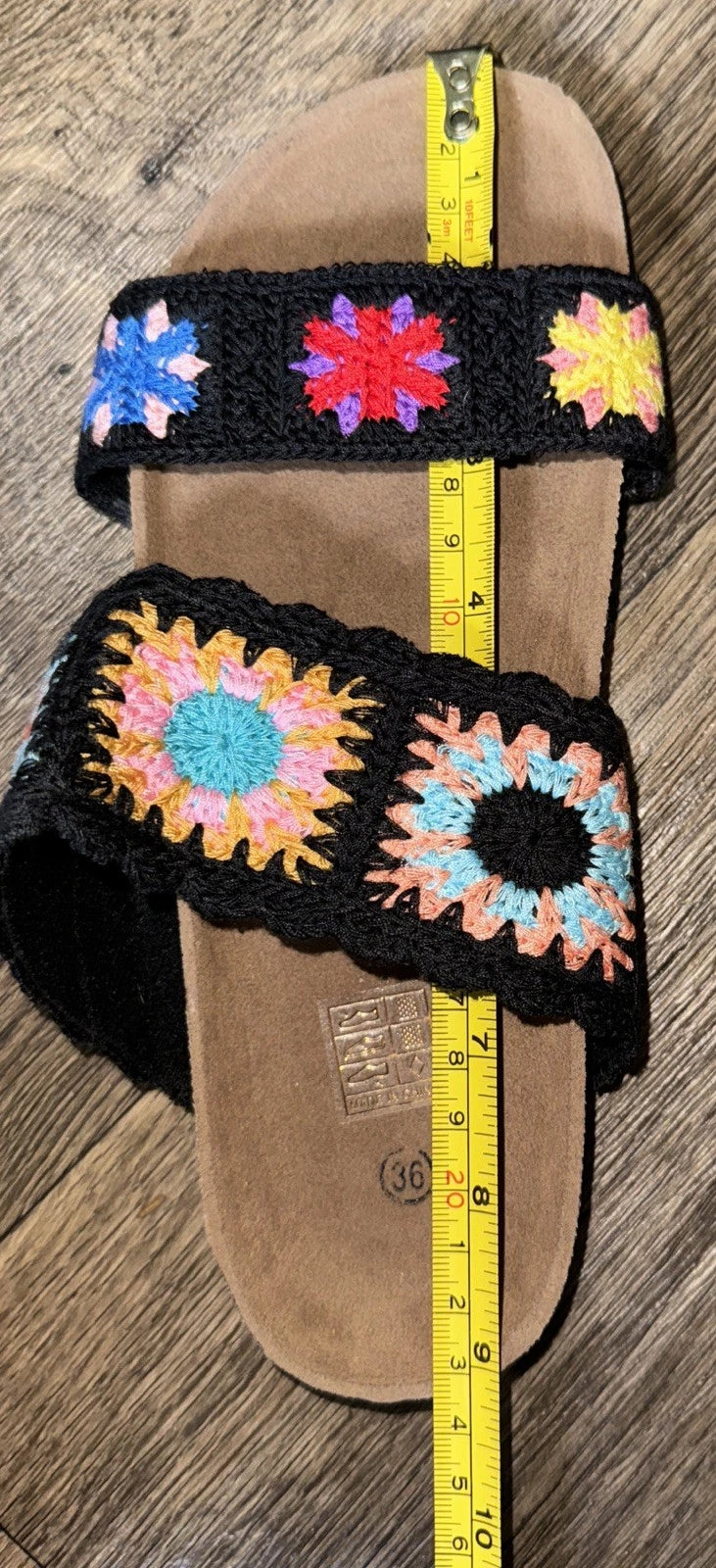 Granny Square Crochet Slip On Sandals Black Boho Comfort 70’s EU 36 US 5.5 6