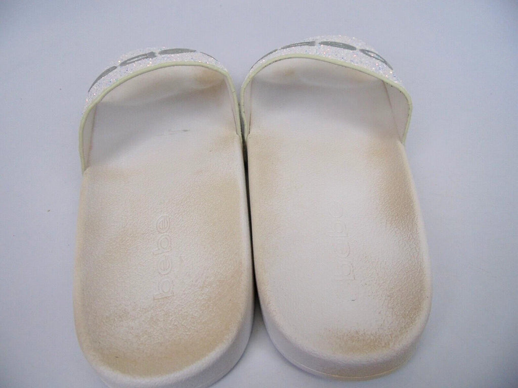 Bebe Women's Fraida Glitter Slide Fashion Sandals Flats Size 8.0 M, White Glitte