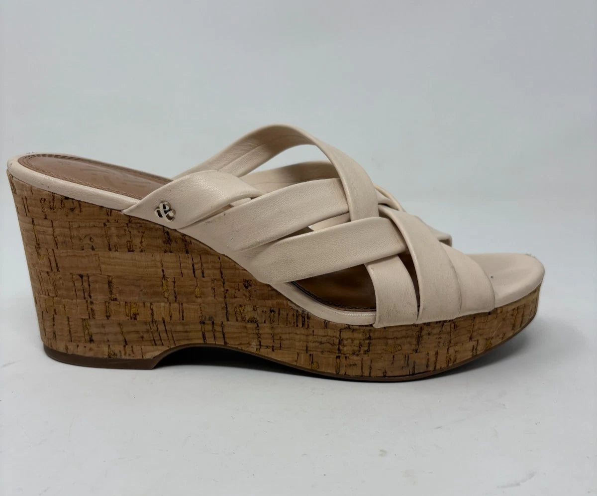 Sam & Libby Womens Cayla Ivory Faux Leather Cork Wedge Slide Size 8.5 Sandals