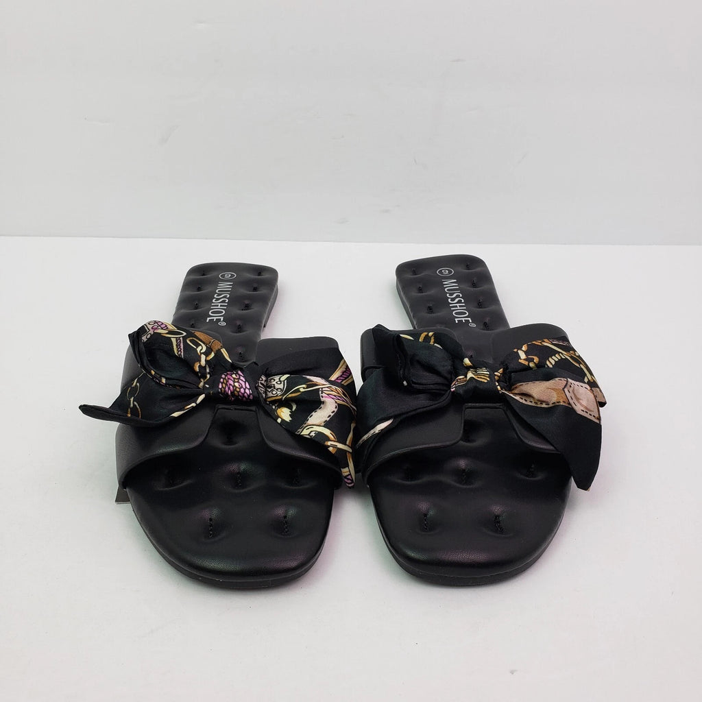 Musshoe Womens Size 9 Black Ribbon Bow Fashion Slip On Slide Sandals