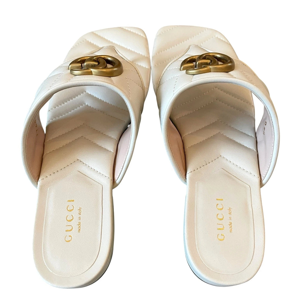 Gucci GG Marmont Matelasse Leather Flip Flop Sandals Cream White Sz 37.5 US 7.5