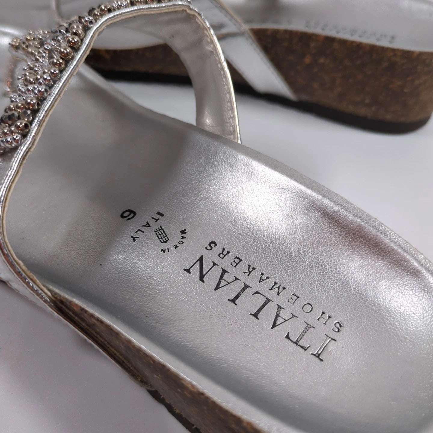 Italian Shoemakers Silver Sandals Slide Flip Flop with Rhinestones Sz 6 Bling