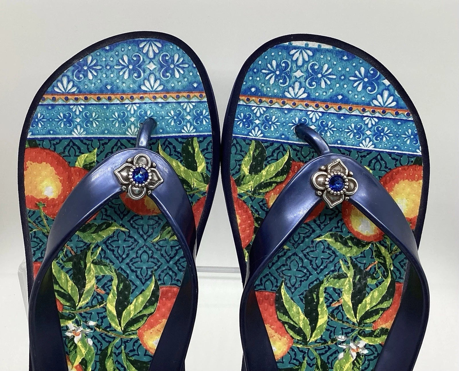 Brighton Orange Blossom Navy Wedge Flip Flops Sz 6 Silver Gem Mediterranean