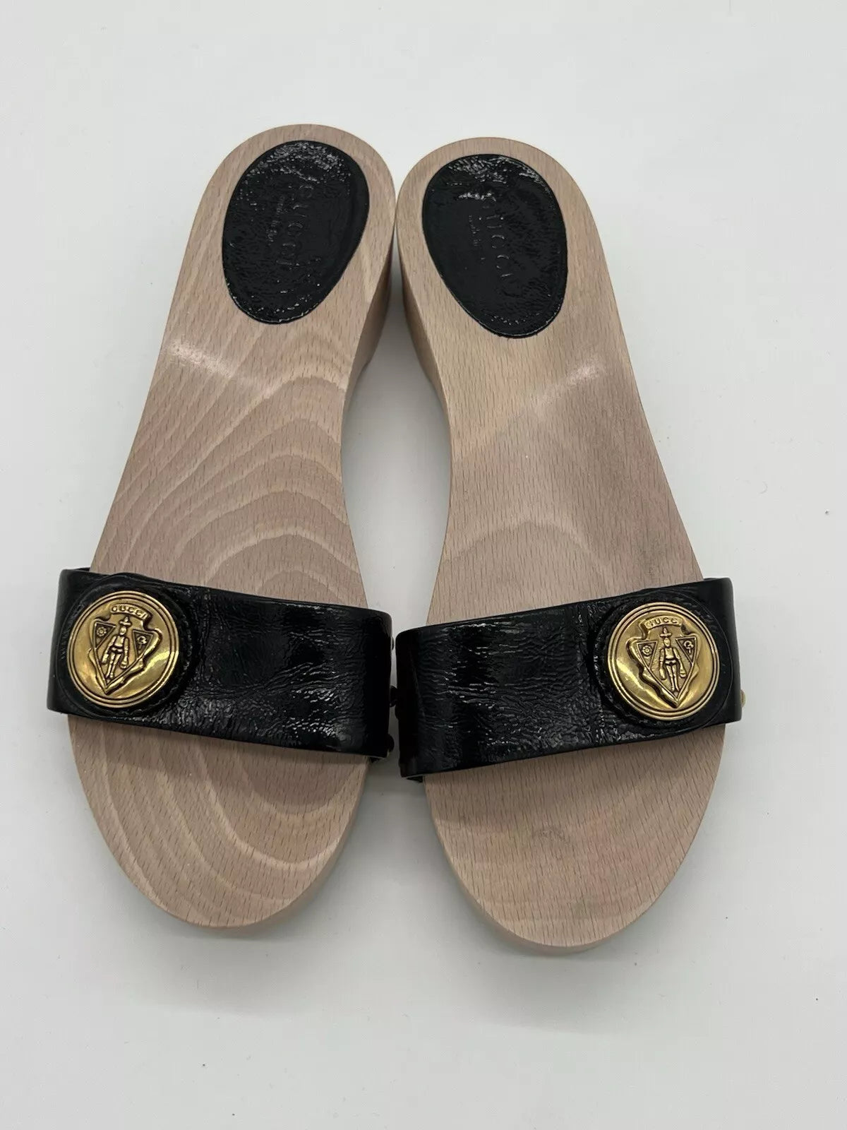 Gucci Hysteria Women Sz 8B Black Patent Leather Slide Wood Soles Fashion Sandals