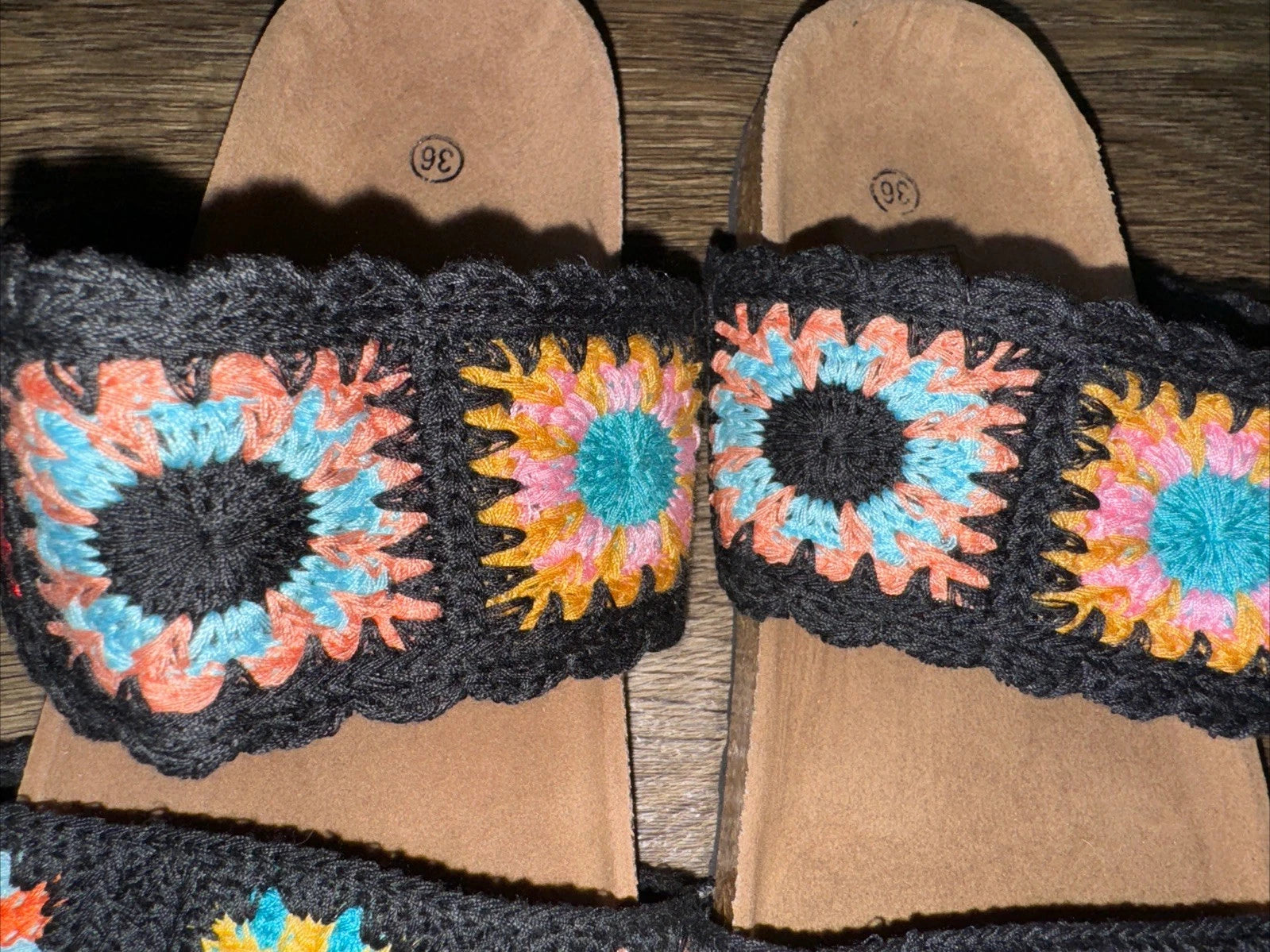 Granny Square Crochet Slip On Sandals Black Boho Comfort 70’s EU 36 US 5.5 6