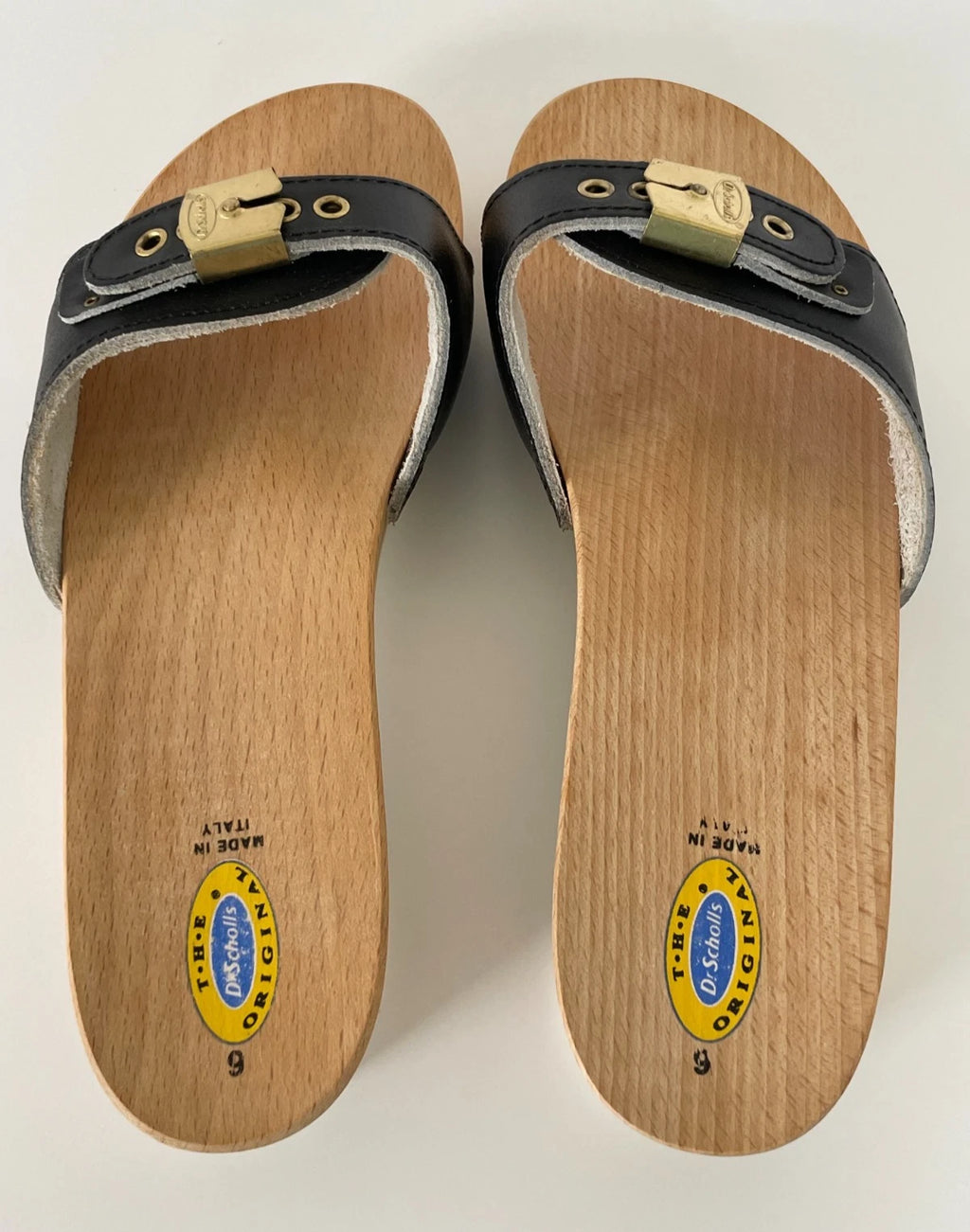 Dr. Scholl's The Original Wooden Sandals Slides Black Leather Size 6 Italy New