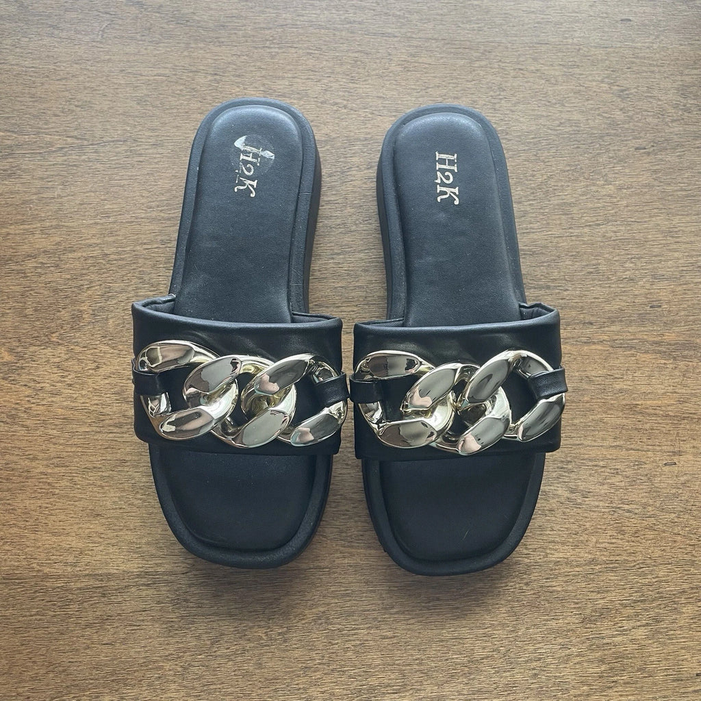 H2K Chain 9 Black Fashion Comfort Soft Slides Flip Flops Sandals Open Toe New