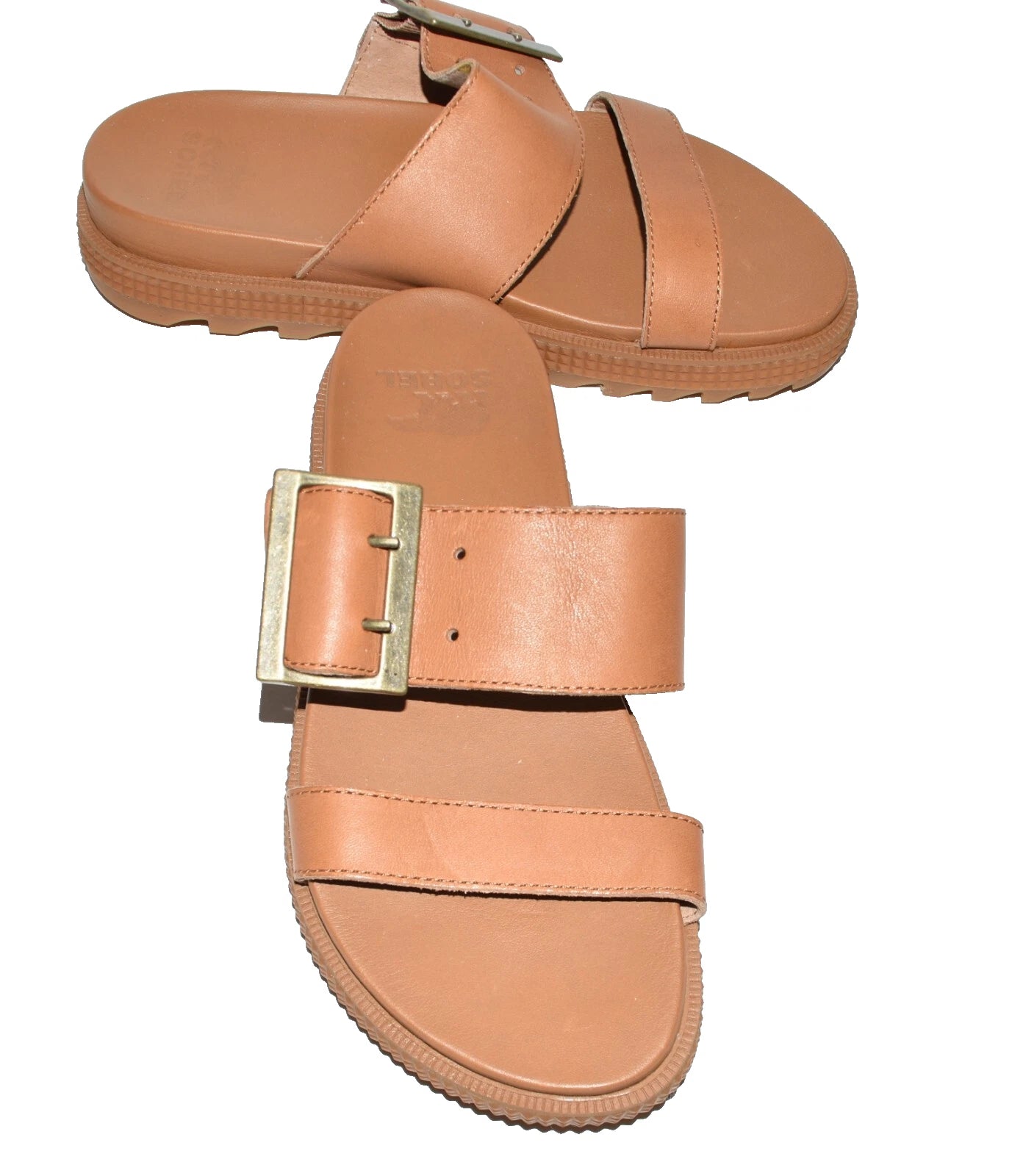 Sorel Roaming Buckle Slide Brown Leather Two Strap Womens Sandals Size 5.5 NWOB