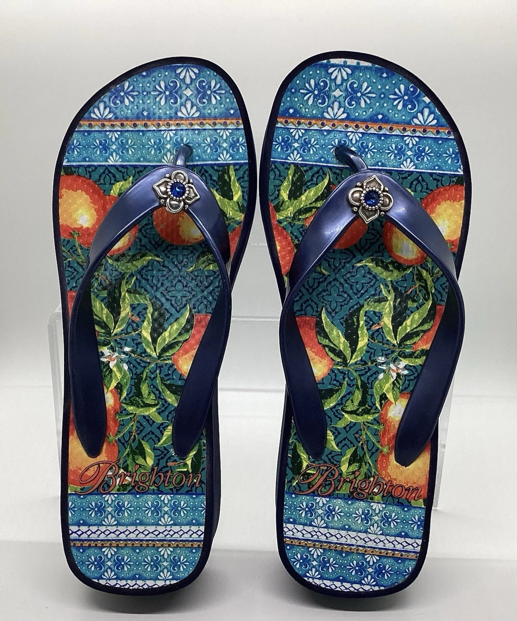 Brighton Orange Blossom Navy Wedge Flip Flops Sz 6 Silver Gem Mediterranean