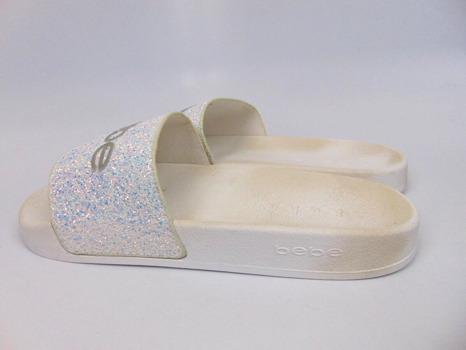 Bebe Women's Fraida Glitter Slide Fashion Sandals Flats Size 8.0 M, White Glitte
