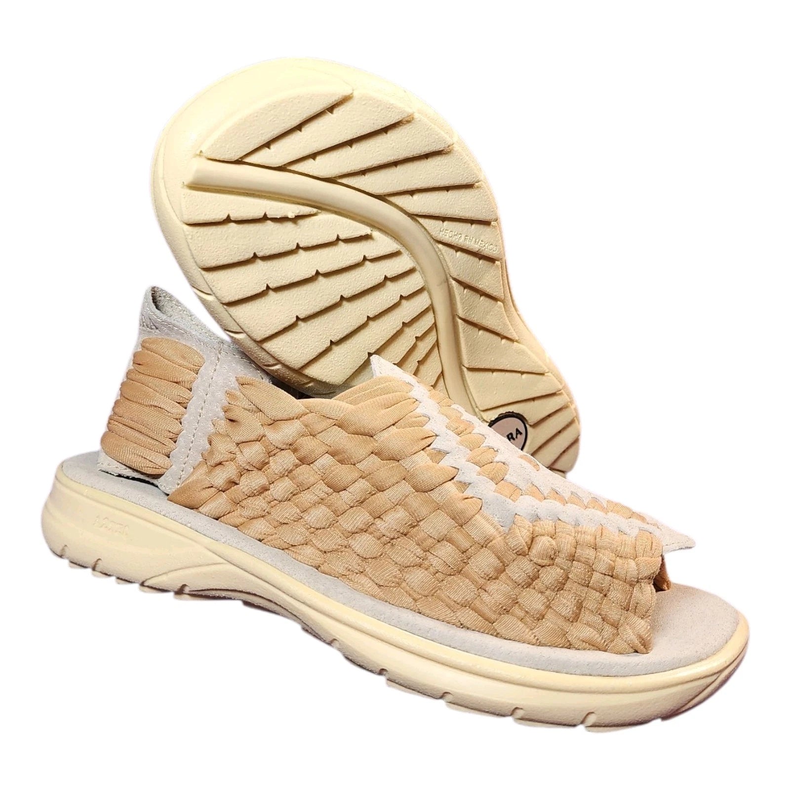 Beach Style Unisex Sandals Beige Woven Stretch Fit Leather Rubber Sole 8 US
