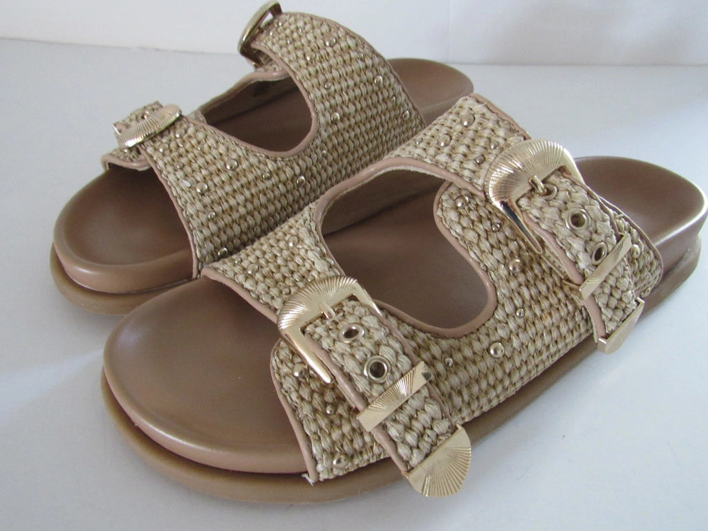 Steve Madden Slide Sandal Women's 8.5 Tan Brown Zuree Dual Buckle Gold Studded