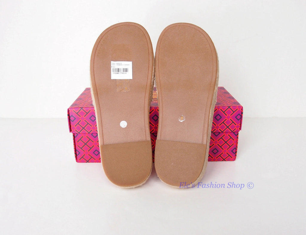 NIB Tory Burch Logo Woven Ribbon Espadrille Slide Slipper CREAM US 8 AUTHENTIC