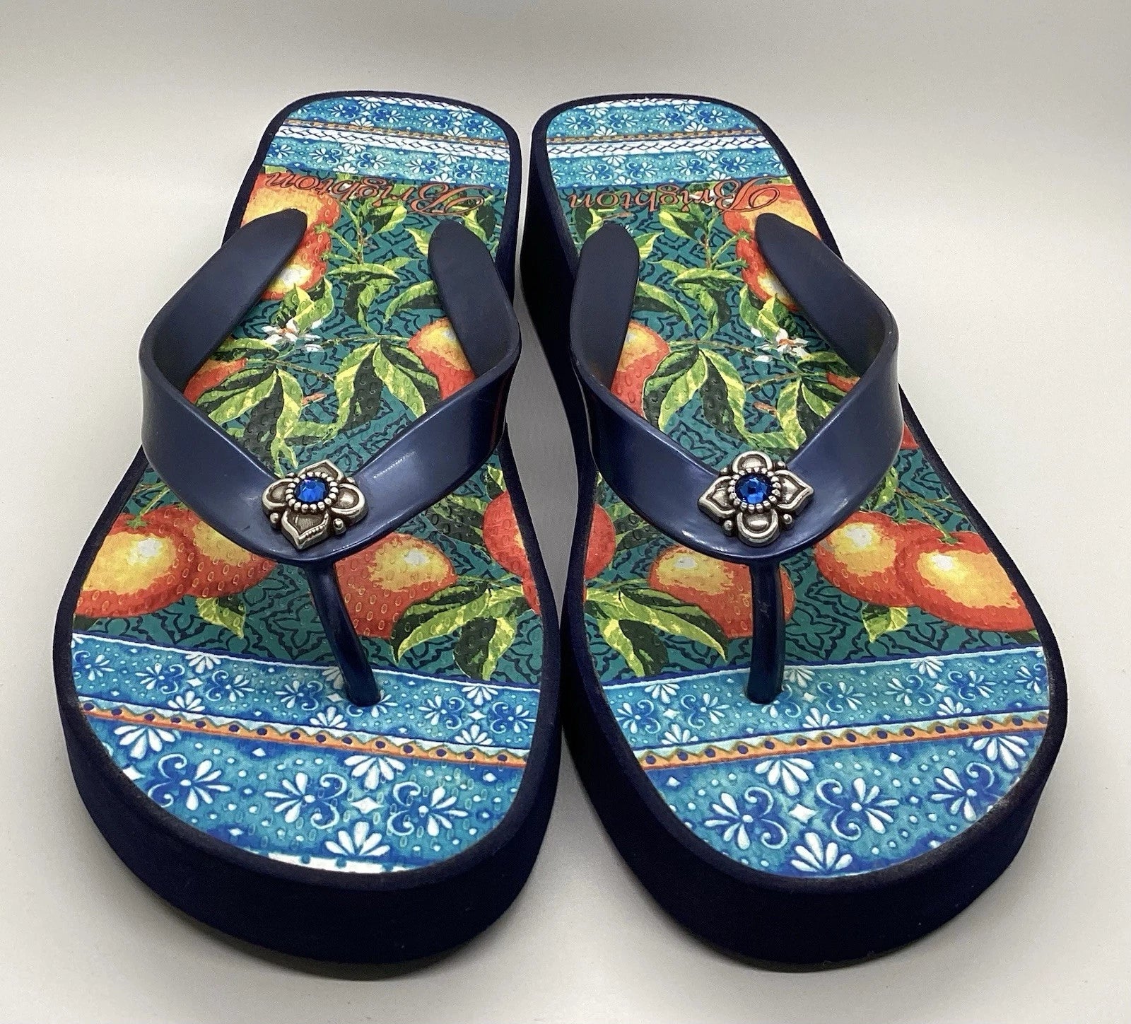 Brighton Orange Blossom Navy Wedge Flip Flops Sz 6 Silver Gem Mediterranean