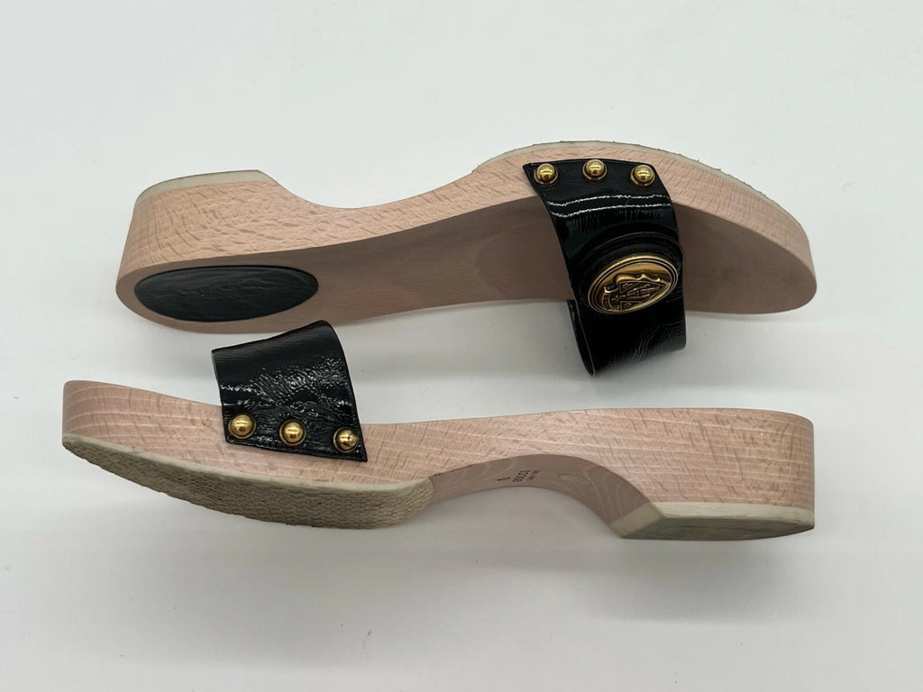 Gucci Hysteria Women Sz 8B Black Patent Leather Slide Wood Soles Fashion Sandals