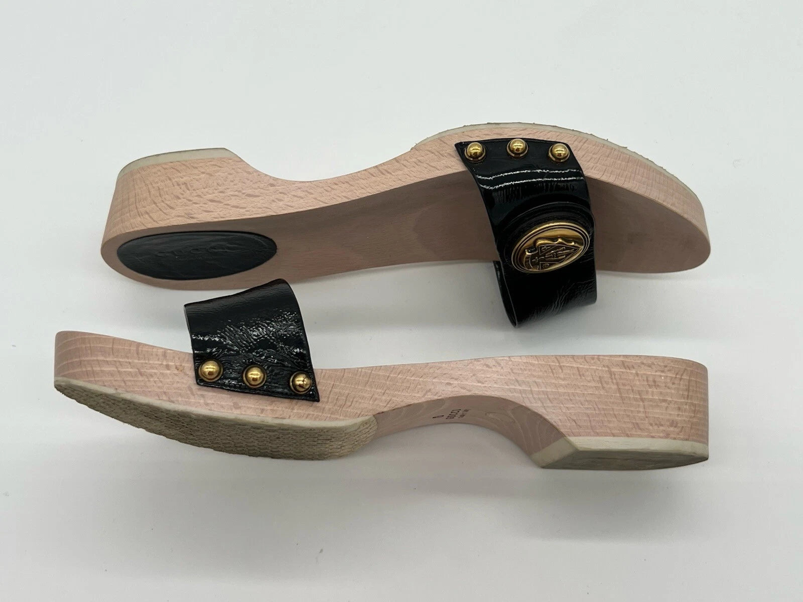 Gucci Hysteria Women Sz 8B Black Patent Leather Slide Wood Soles Fashion Sandals