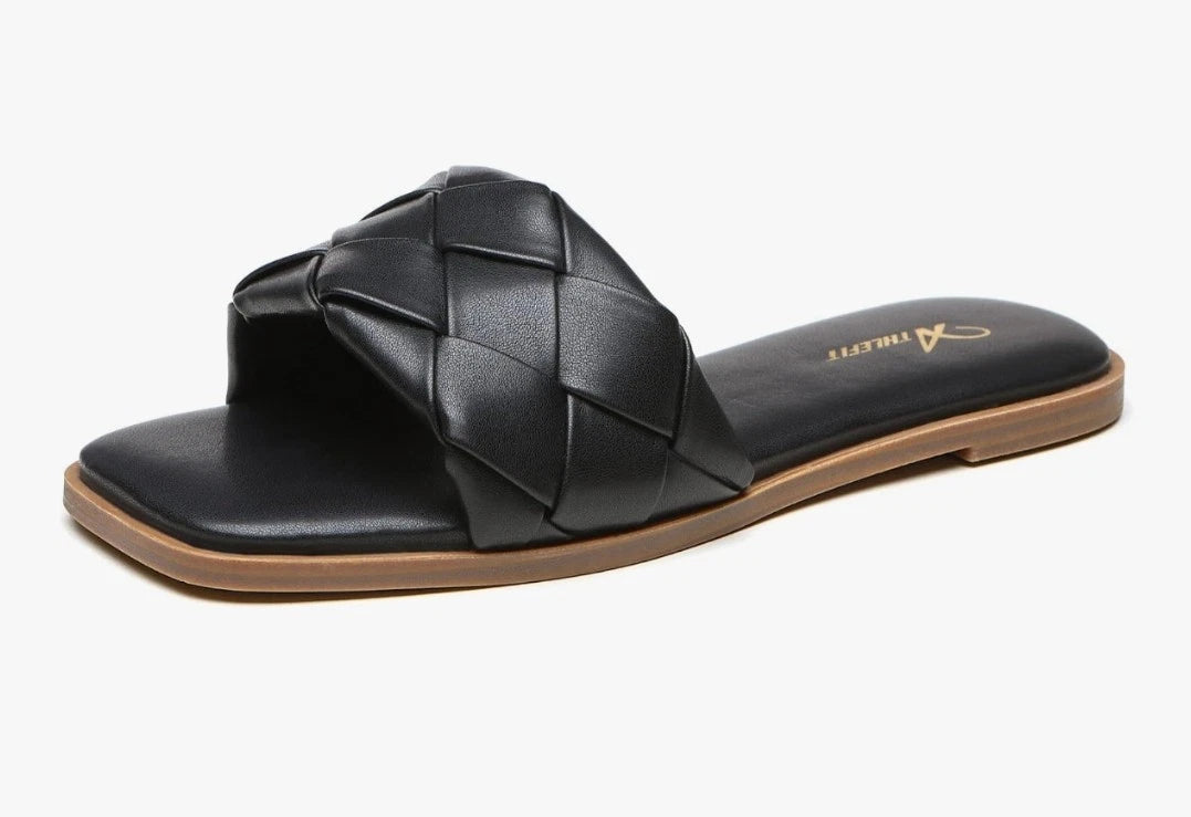Ladies Black Braided Woven Designer Style Beach Pool Style Sandal Slides