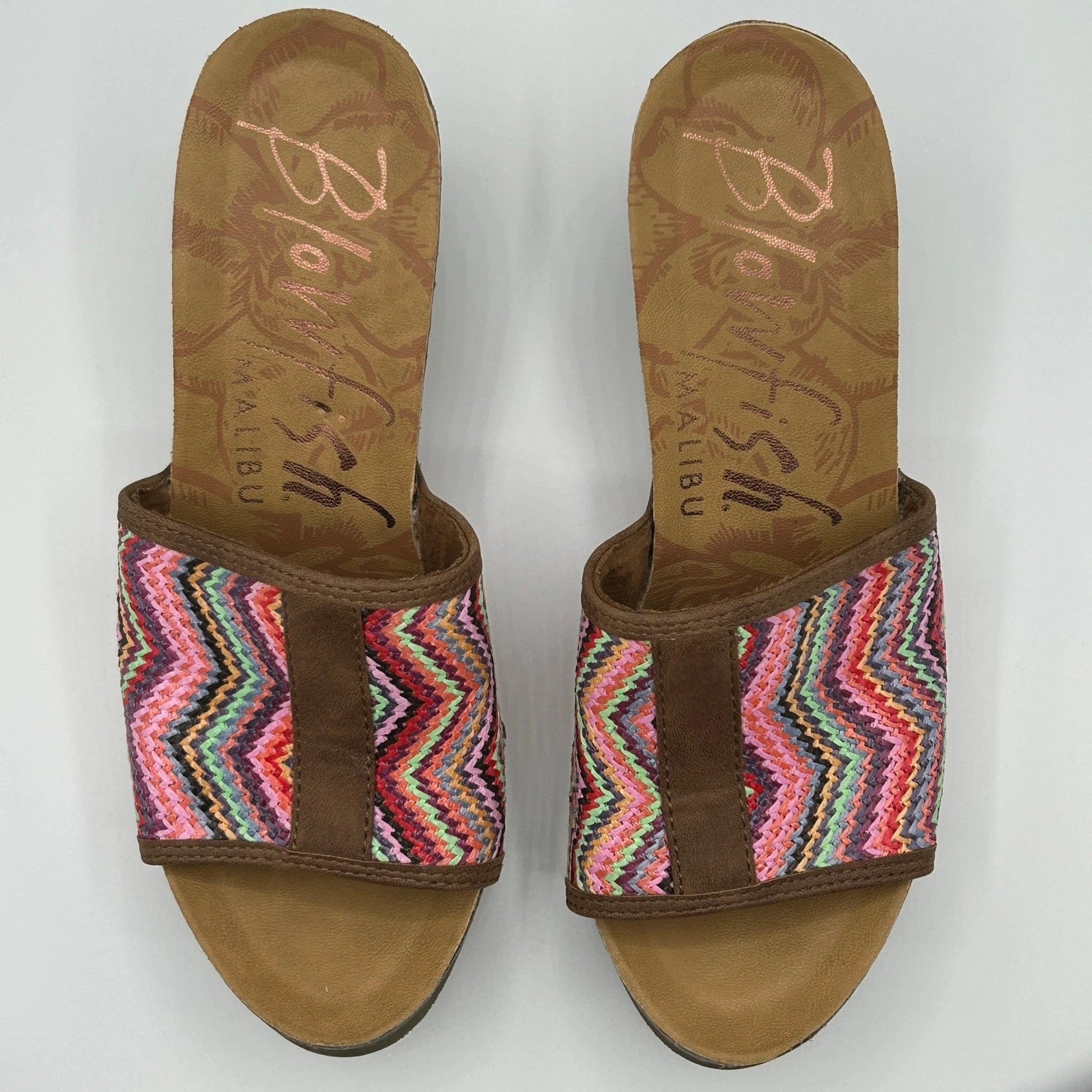 Blowfish Malibu Platform Wedge Slide Sandals Multi Color Chevron Womens 8.5 Boho