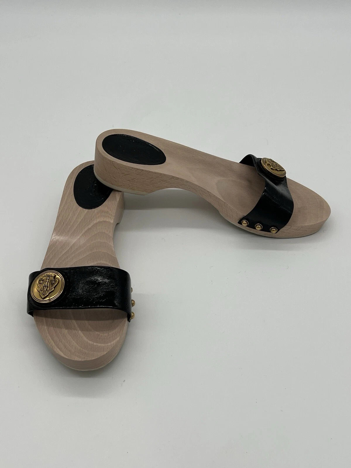 Gucci Hysteria Women Sz 8B Black Patent Leather Slide Wood Soles Fashion Sandals