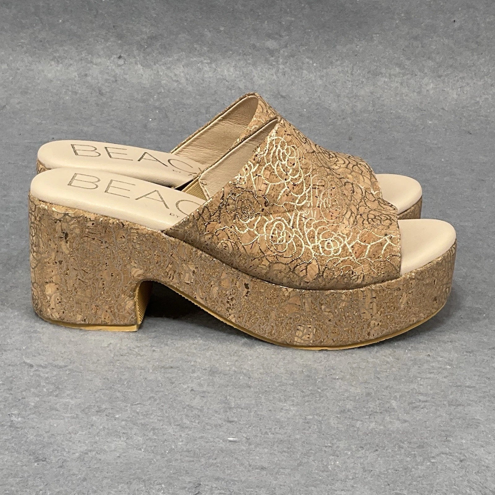 Beach By Matisse Wedge Sandal Platform Slide Size 9 Gold Floral Cork Open Toe