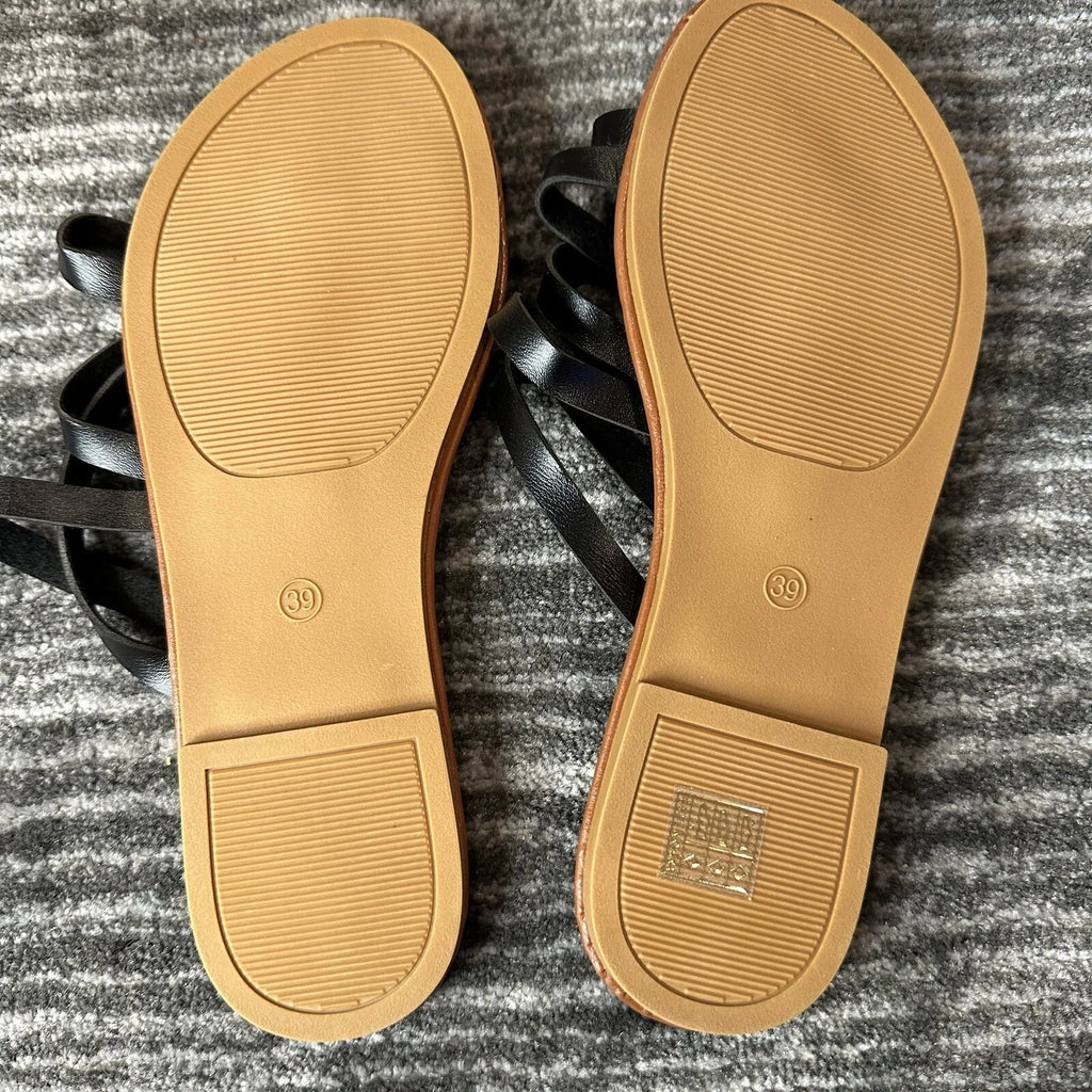Greek Style Sandals Slides Sz 8 Flats Handmade Faux Leather Black Boho New