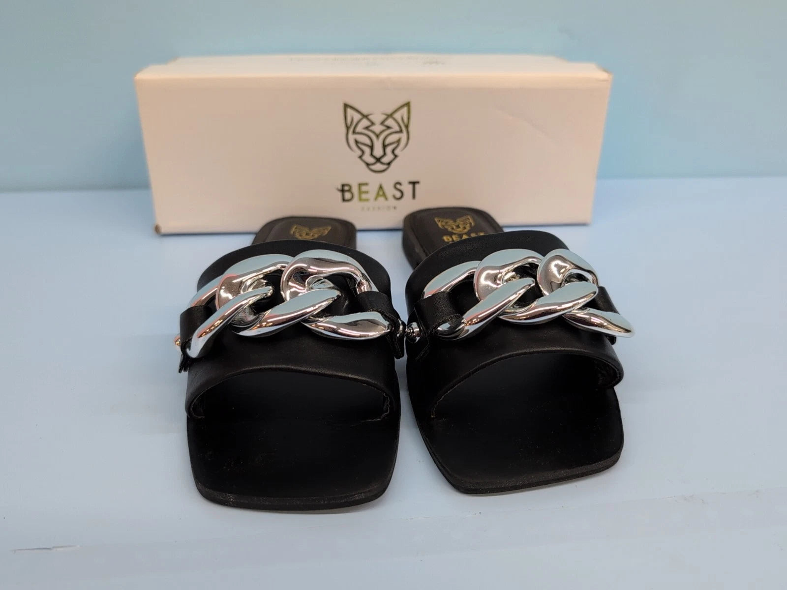Beast Fashion LANA-01 Nude Chain Women's Flat Slide Sandals Size US 6.5 Black