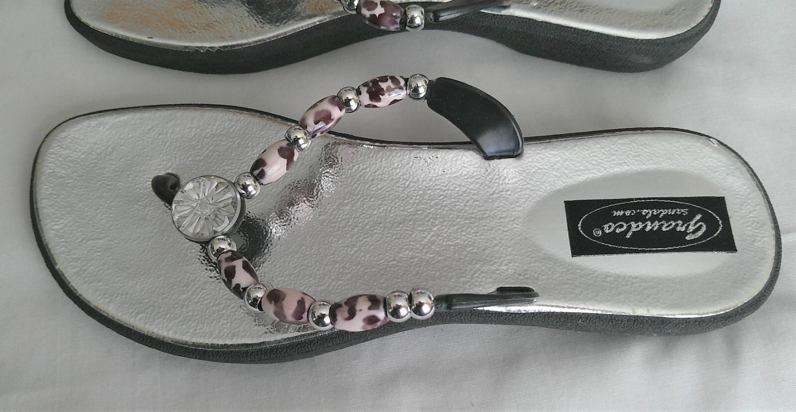 GrandCo Silver Thong Slide-on Sandal Bead Straps Silver 1" Heel Size 8M