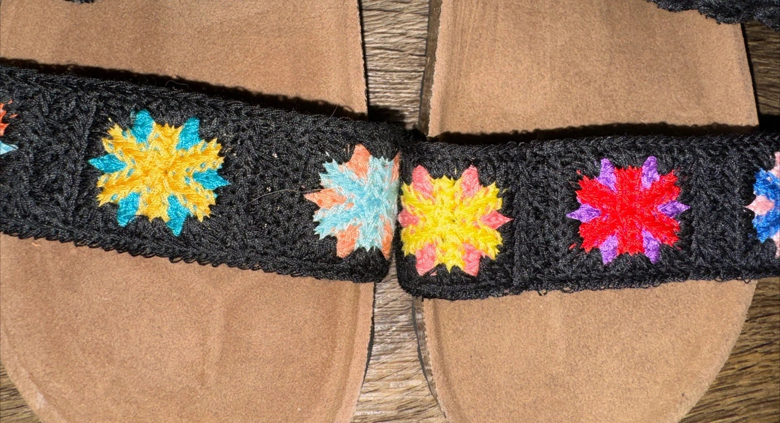 Granny Square Crochet Slip On Sandals Black Boho Comfort 70’s EU 36 US 5.5 6