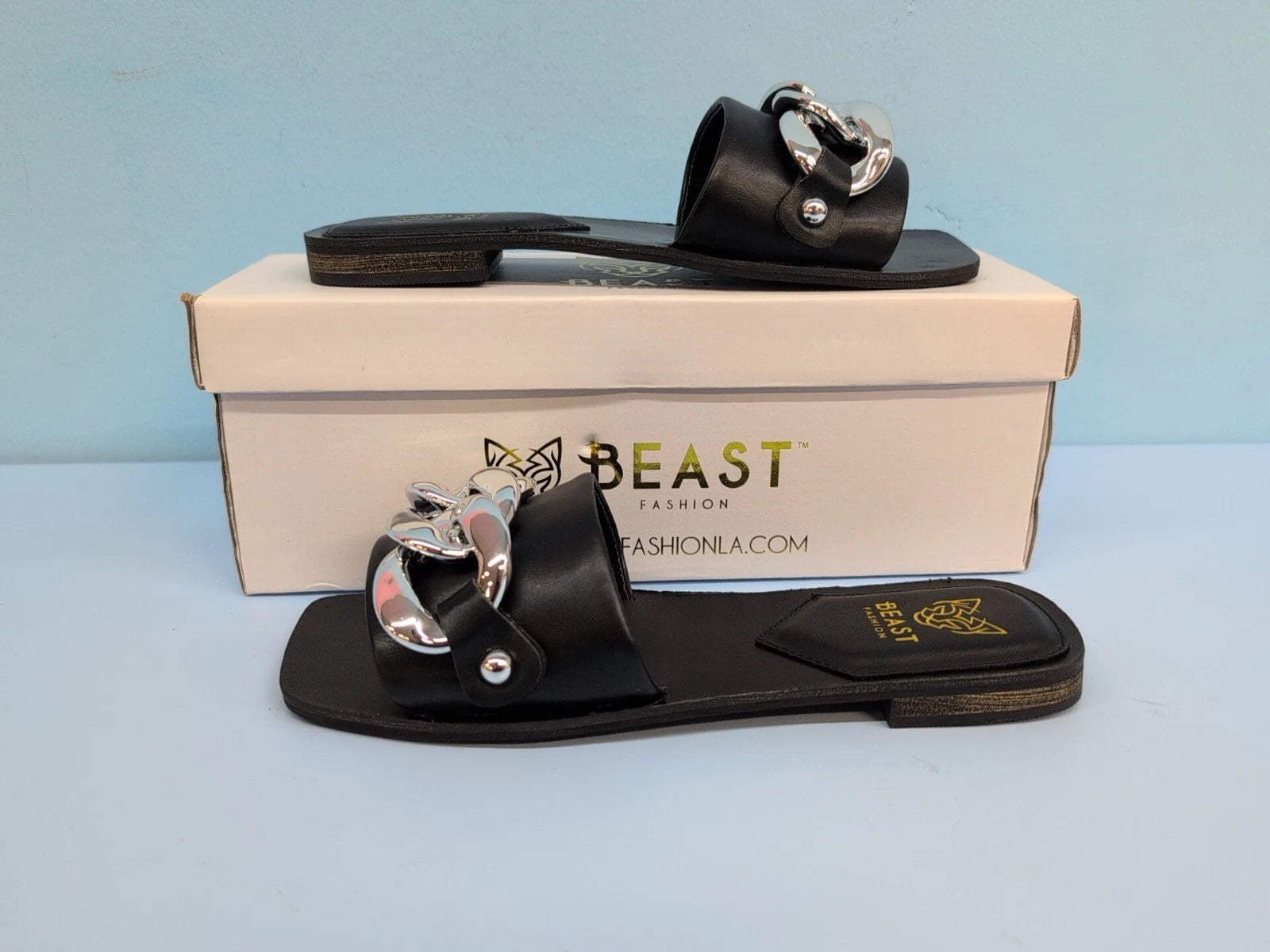 Beast Fashion LANA-01 Nude Chain Women's Flat Slide Sandals Size US 6.5 Black