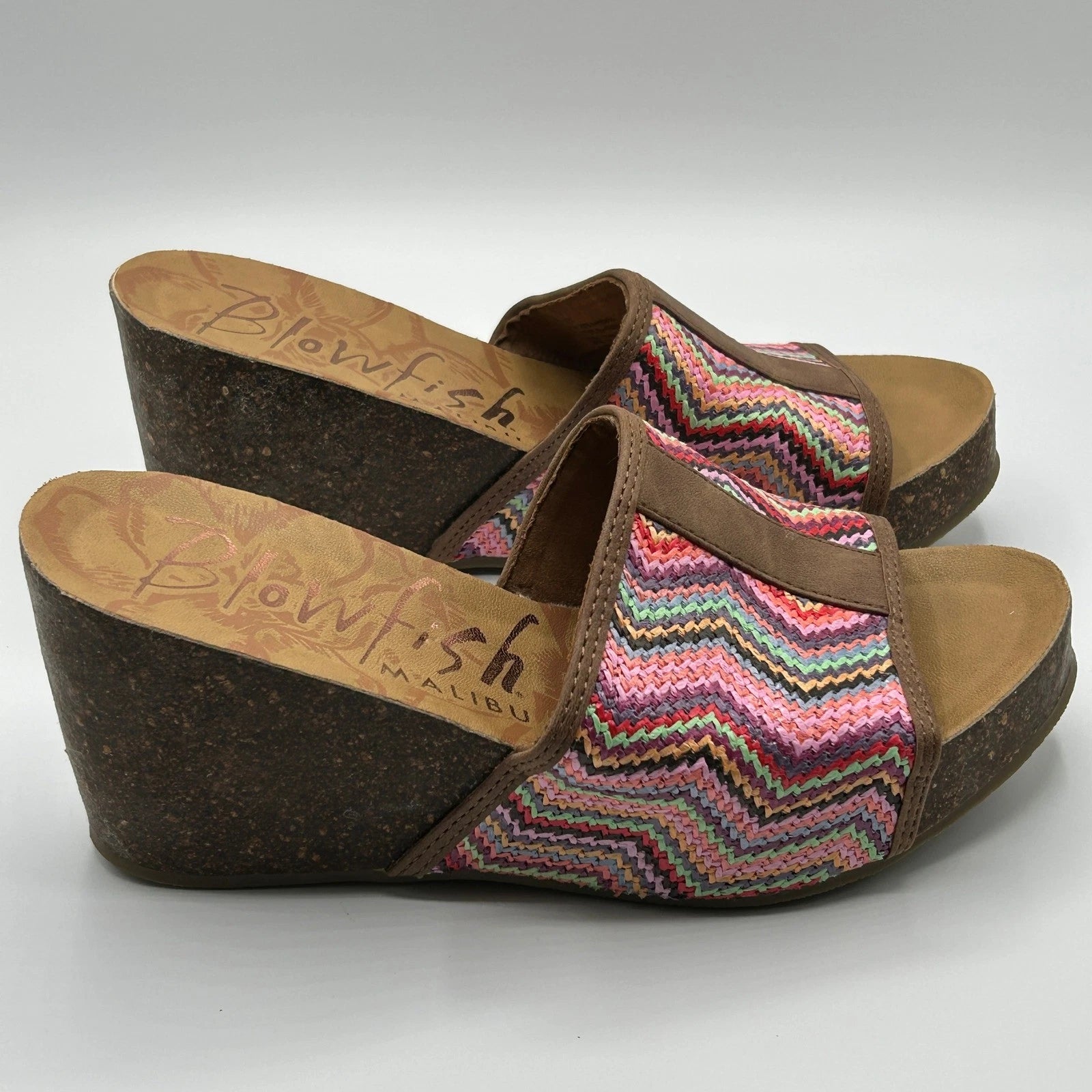 Blowfish Malibu Platform Wedge Slide Sandals Multi Color Chevron Womens 8.5 Boho