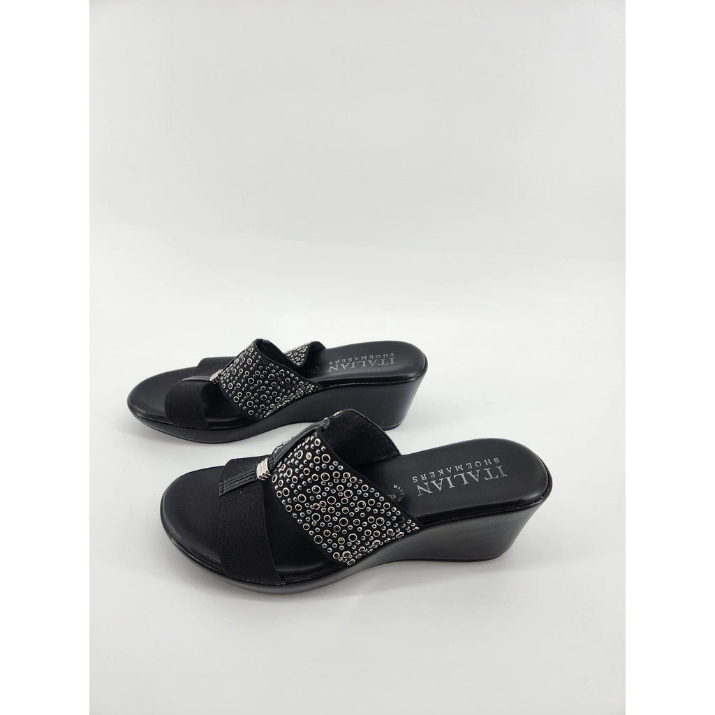 Italian Shoemakers Black Wedge Sandals Embellished Slide On Womens 8.5