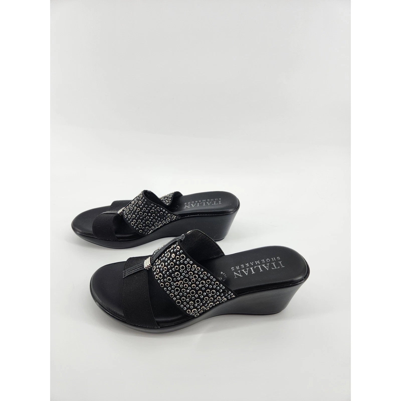 Italian Shoemakers Black Wedge Sandals Embellished Slide On Womens 8.5